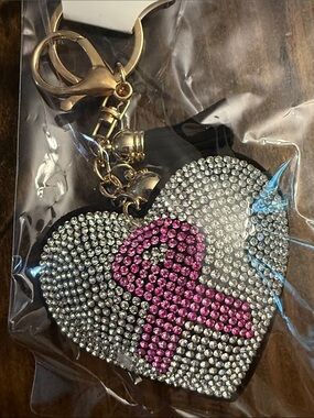 Fashion Jewelry Gold-Tone Rhinestone Heart Keychain with Pink Ribbon